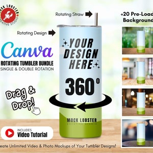 Rotating Tumbler and Straw Canva Mockup Template Bundle | 20oz Skinny Tumbler Single+Double Rotation Animated Mock-Up + 20 Backgrounds