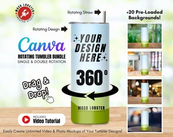 Rotating Tumbler and Straw Canva Mockup Template Bundle | 20oz Skinny Tumbler Single+Double Rotation Animated Mock-Up + 20 Backgrounds