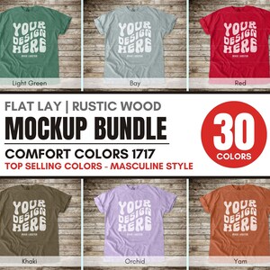 May include: A flat lay mockup bundle featuring six t-shirts in various colors, including light green, bay, and red, with the text "YOUR DESIGN HERE." The image also includes text that reads "MOCKUP BUNDLE" and "30 COLORS."