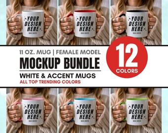 Mug Mockup Bundle | 11oz White & Accent Mug Model Mock-Up Bundle | Two Tone Color Handle Ceramic Mug w/ Color Inside | Coffee Colorful Mugs