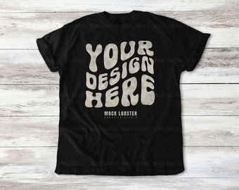 Comfort Colors 1717 Black Mockup | Flat Lay Comfort Color C1717 T-Shirt Mock-Up | Trendy Natural Wood Floor Flatlay Canva TShirt Mock