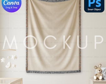 Woven Blanket Mockup | Printify Woven Throw Blanket Mock-Up for POD | Canva Template + PSD Smart Object + PNG | Baby Nursery Home Decor