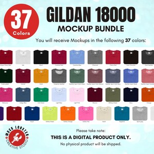 May include: A mockup bundle of 37 different colored Gildan 18000 t-shirts. The t-shirts are arranged in rows and columns, with each color displayed on a separate t-shirt. The colors include antique cherry red, ash, black, cardinal red, carolina blue, charcoal, cherry red, dark chocolate, dark heather, forest green, garnet, gold, graphite heather, heather sport dark green, heather sport dark maroon, heather sport dark navy, heather sport royal, heather sport scarlet red,  helium, indigo blue,  irish green, light blue, light pink, maroon, military green, navy, orange, purple, red, royal, safety green, safety orange, safety pink, sand, sapphire, sport gray, and white.