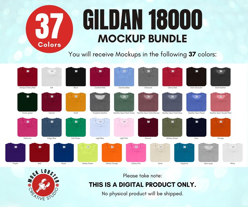 May include: A mockup bundle of 37 different colored Gildan 18000 t-shirts. The t-shirts are arranged in rows and columns, with each color displayed on a separate t-shirt. The colors include antique cherry red, ash, black, cardinal red, carolina blue, charcoal, cherry red, dark chocolate, dark heather, forest green, garnet, gold, graphite heather, heather sport dark green, heather sport dark maroon, heather sport dark navy, heather sport royal, heather sport scarlet red,  helium, indigo blue,  irish green, light blue, light pink, maroon, military green, navy, orange, purple, red, royal, safety green, safety orange, safety pink, sand, sapphire, sport gray, and white.