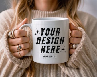 White Mug Mockup | 11oz Ceramic Coffee Mug Model Mock-Up, Neutral Cozy Boho Aesthetic Mug Mockup, White Coffee Cup Retro Sweater POD Mockup