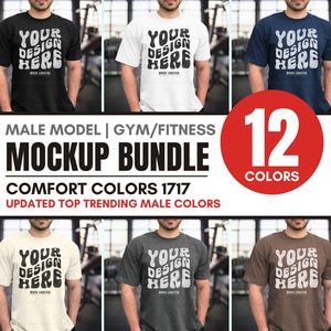 May include: A mockup bundle of 12 different color t-shirts for men. The t-shirts are all short-sleeved and have a crew neck. The text "YOUR DESIGN HERE" is printed on the front of each shirt. The shirts are shown on a male model in a gym setting.