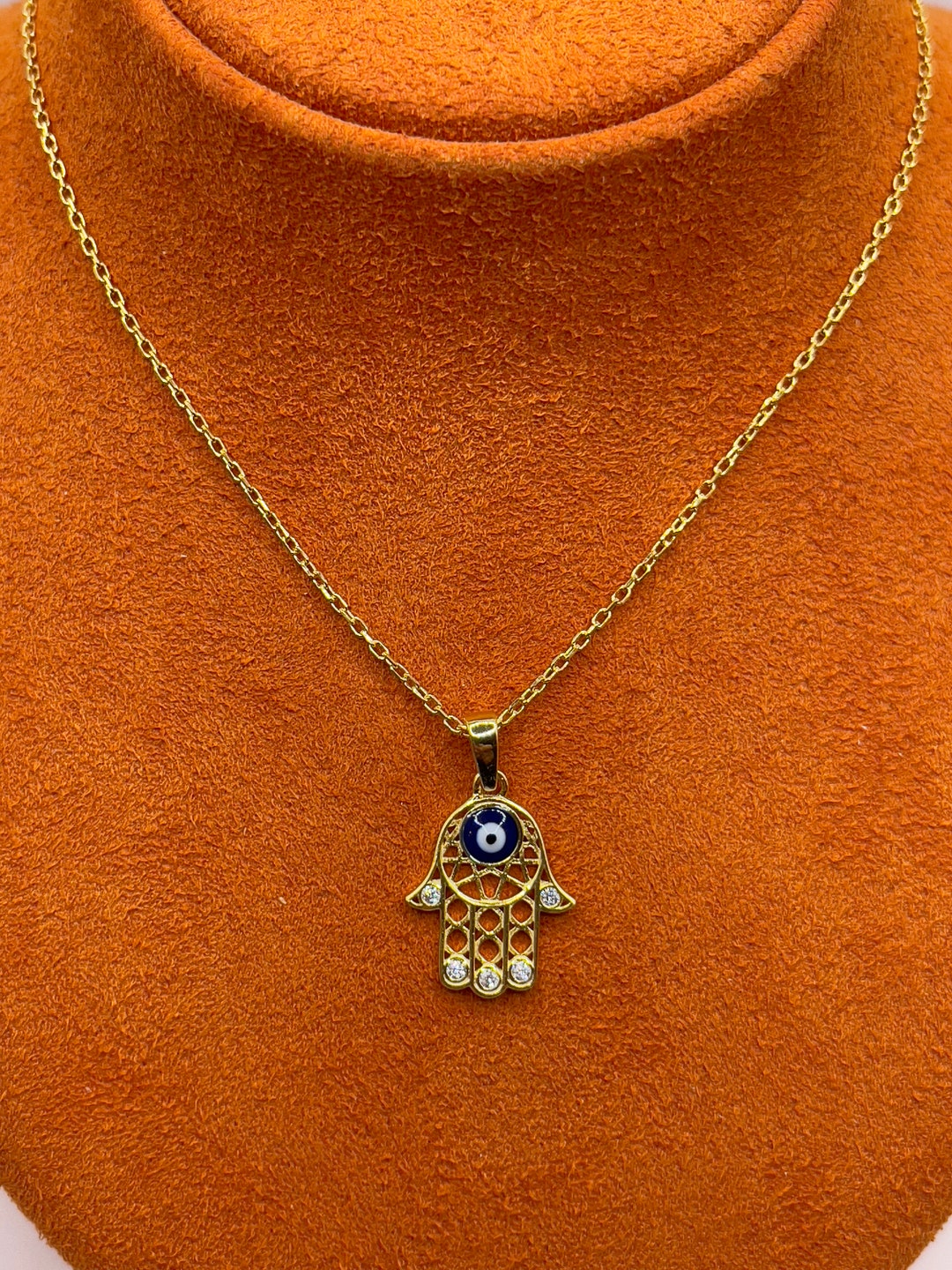 925 Sterling Silver Hamsa With Evil Eye Necklace There is Stone on Each