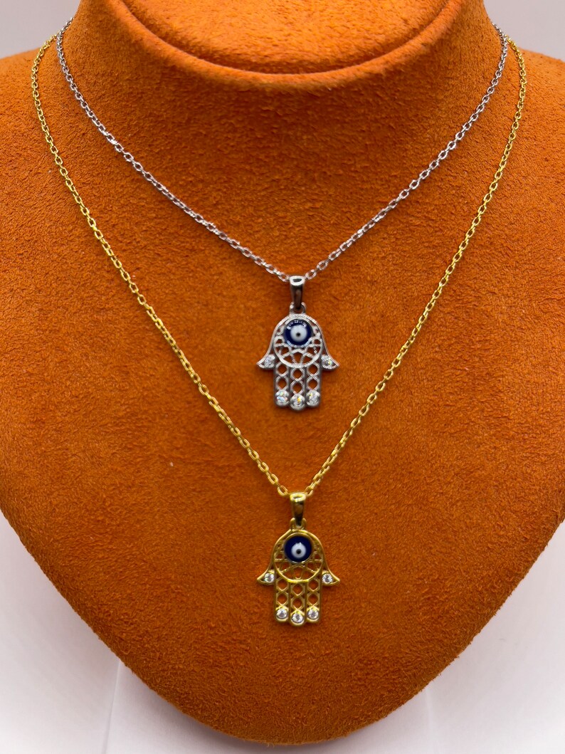 925 Sterling Silver Hamsa With Evil Eye Necklace There is Stone on Each