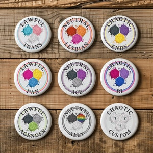 LGBTQ+ Queer Lesbian Bisexual Trans Pride DND Party Character Alignment Customizable Gift for Nerd Dungeon Master D20 Pin Badge Button