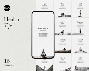 Health Tips, Wellbeing Coach Instagram Templates, Canva Social Media Pack