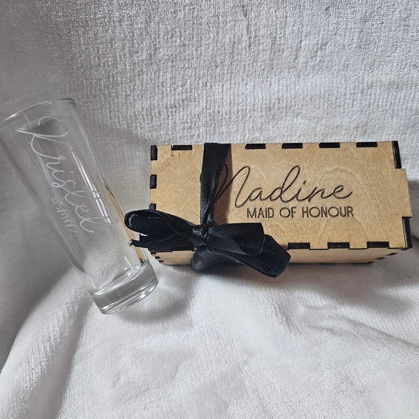 Engraved shot glass - personalised - hen party/ stag do favours - wooden gift box - many fonts
