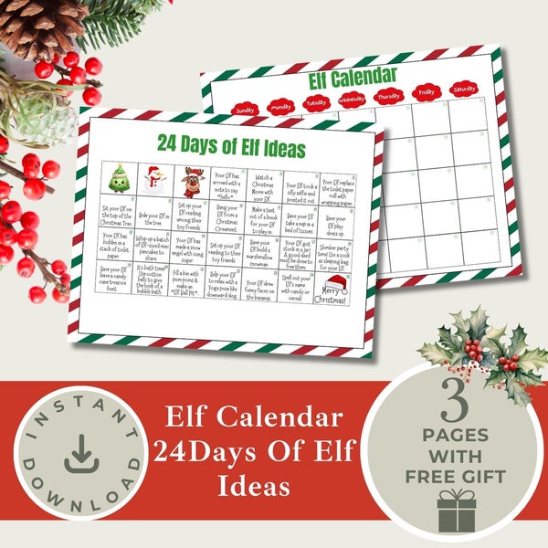 Elf Printable Calendar, Elf Kit, Instant Download, 24 Days of Elf Christmas, December Calendar, Kids Activities Planner,Holiday BundleDKR007