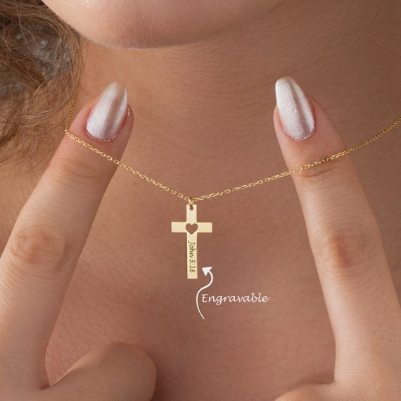 Engraved Cross Necklace with Heart – Personalized Faith Necklace, Custom Christian Gift for Her, Christmas Gifts for Her