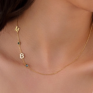 Gold Sideways Initial Birthstone Necklace, Personalized Jewelry, Letter Necklace, Family Birthstone Necklace, Gift for Mom, Custom Gifts