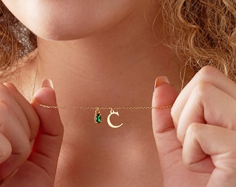 14K Gold Initial Necklace with Birthstone, Initial Necklace for Mom, Birthday Gift for Her, Christmas Gifts for Her, Necklaces for Women