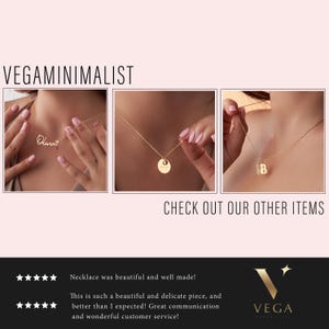 May include: Gold necklaces with different pendant designs are displayed. One necklace has a script name pendant, another has a round pendant, and the third has a letter "B" pendant. The text "VEGAMINIMALIST" and "CHECK OUT OUR OTHER ITEMS" are also visible.