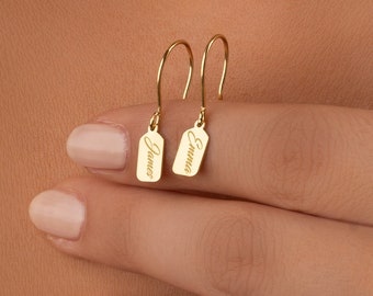 14K Gold Tag Earrings • Dangle Drop Earrings • Name Earrings • Initial Earrings • Custom Earrings • Personalized Earrings • Mothers Day Gift