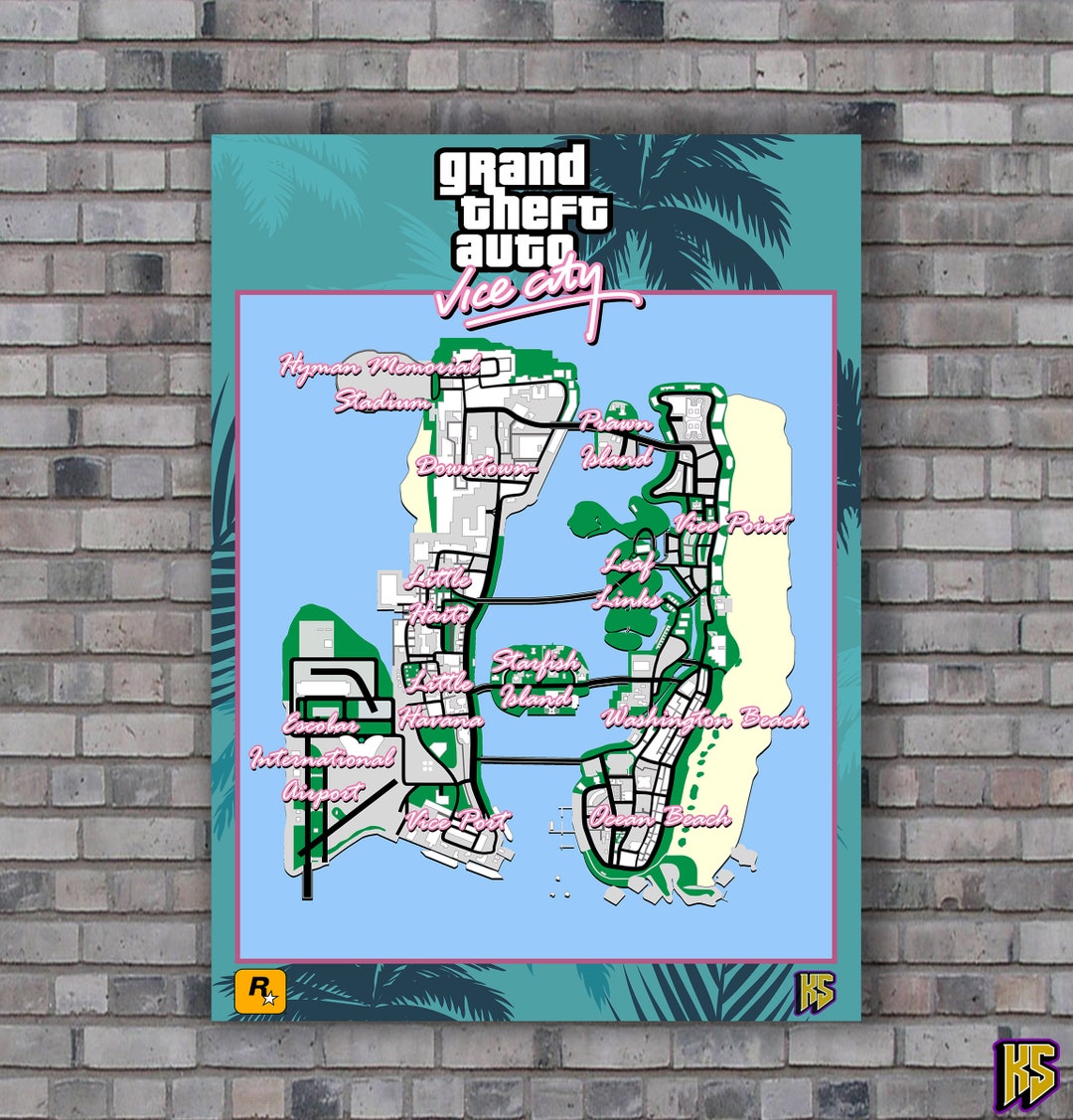 Grand Theft Auto Vice City Map Poster digital Download Etsy