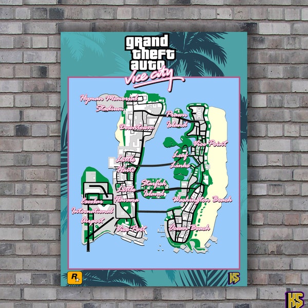 Grand Theft Auto Vice City map poster (Digital Download)