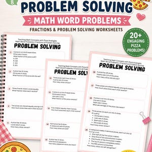 May include: A set of educational maths worksheets titled Pizza Problem Solving, featuring fractions and word problems for year 6 students. The pages include pizza illustrations, numbered problems, and text about teaching maths concepts with pizza analogies.