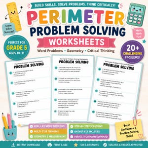 Peut inclure: Fiches d'exercices sur le périmètre pour élèves de CM2, comprenant plus de 20 problèmes de mathématiques, de géométrie et de réflexion critique. Inclut des solutions détaillées et un corrigé. Le design coloré montre une règle, une calculatrice et un pot à crayons.
