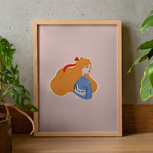 Illustrazione di ragazza coraggiosa / Illustrazione di donna fiera con fiocco rosso per capelli / Regalo per lei / Decorazioni per la casa e le pareti / Illustrazione di ritratto / Stampa A4