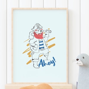 Piraat | Gedrukte illustratie van een piraat een kaart met schat, schedel en eilanden | Huis- en wanddecoratie | Kinderillustratie | A4: 8,25 x 11,4 inch|