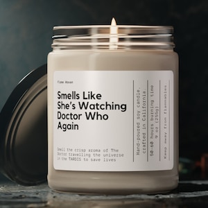 Smells Like She&#39;s Watching Doctor Who Again Candle, The Tardis Gift, Gift For Him, TV Inspired Candle, Doctor Who Merch, Science Fiction Fan