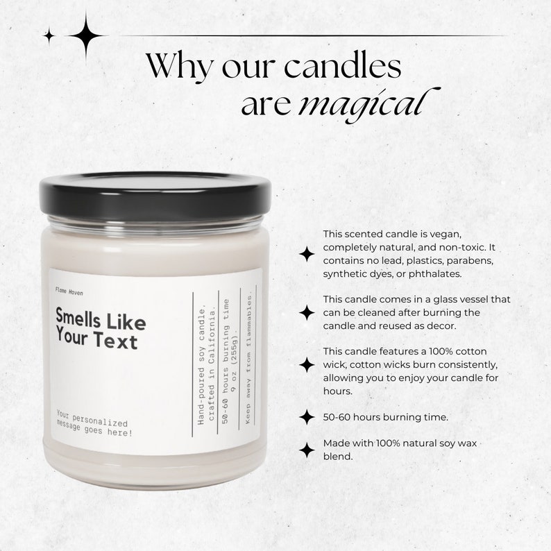 Puede incluir: Una vela de soja blanca en un tarro de vidrio con tapa negra. La vela est&aacute; etiquetada como "Smells Like Your Text" y tiene un espacio para un mensaje personalizado. La vela es vegana, natural y no t&oacute;xica. Tiene un tiempo de combusti&oacute;n de 50 a 60 horas y est&aacute; hecha con cera de soja 100% natural.