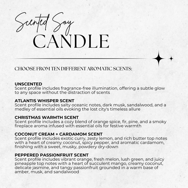Puede incluir: Un fondo blanco con texto negro que enumera diez opciones diferentes de velas de soja perfumadas. El texto dice "Scented Soy Candle" y "Elige entre diez aromas diferentes:" seguido de una lista de aromas: Sin aroma, Aroma de susurro de Atlantis, Aroma de calidez navide&ntilde;a, Aroma de crema de coco y cardamomo, Aroma de maracuy&aacute; con pimienta.