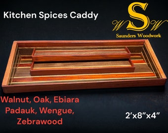 Kitchen Spices Caddy Hardwood Handcrafted Organizer Walnut Oak Ebiara Padauk Wengue Zebrawood Tray Board