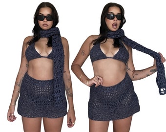 The Joy 3 Teiliges Set - Häkel Bikini, Schal und Rock Set Muster - Bikini Top, Mini Rock und Schal
