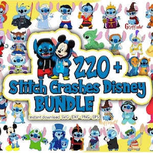 Puede incluir: Un paquete de arte digital con personajes de Stitch con varios disfraces temáticos de Disney. La imagen incluye el texto "220+ Stitch Crashes Disney BUNDLE" y "Instant download SVG-DXF-PNG-EPS". Los personajes son de varios colores.