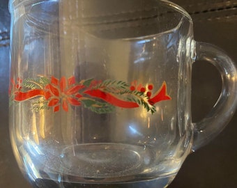 Vintage Anchor Hocking Poinsettias & Ribbons Holiday Creamer Glass! 3” Depth x 5” Spout to Handle
