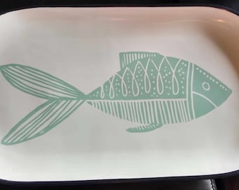Vintage Ceramic Stoneware "Threshold" Serving Platter with Green Fish, and Navy Blue Trimming! 18" x 10"!