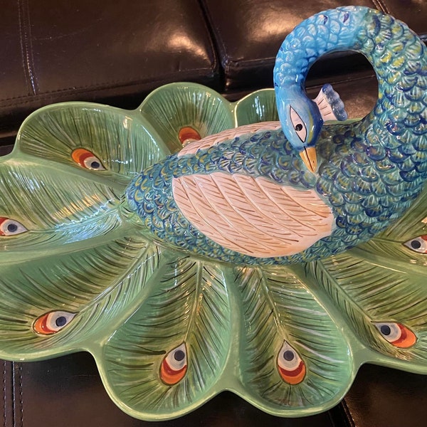 Vintage (Rare) Tracy Porter Road Collection Hand Painted Peacock Condiment Serving Dish! 17” x 10” x 8”!