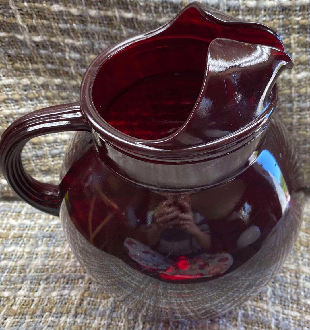 Ruby Pitcher Royal Ruby Red Glass Pitcher Roly Poly Anchor Hocking Ribbed Handle! 10 ...