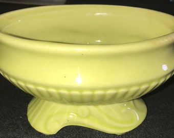 Art Deco Planter, Art Deco Pottery Planter, Yellow Pottery Planter, Footed Planter, Chartreuse 6 1/2” x 5”!