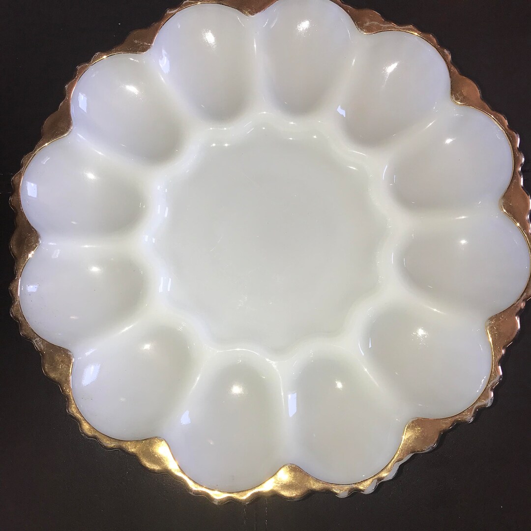 Set of 2 Vintage Anchor Hocking Milk Glass Deviled Egg Trays Silver and