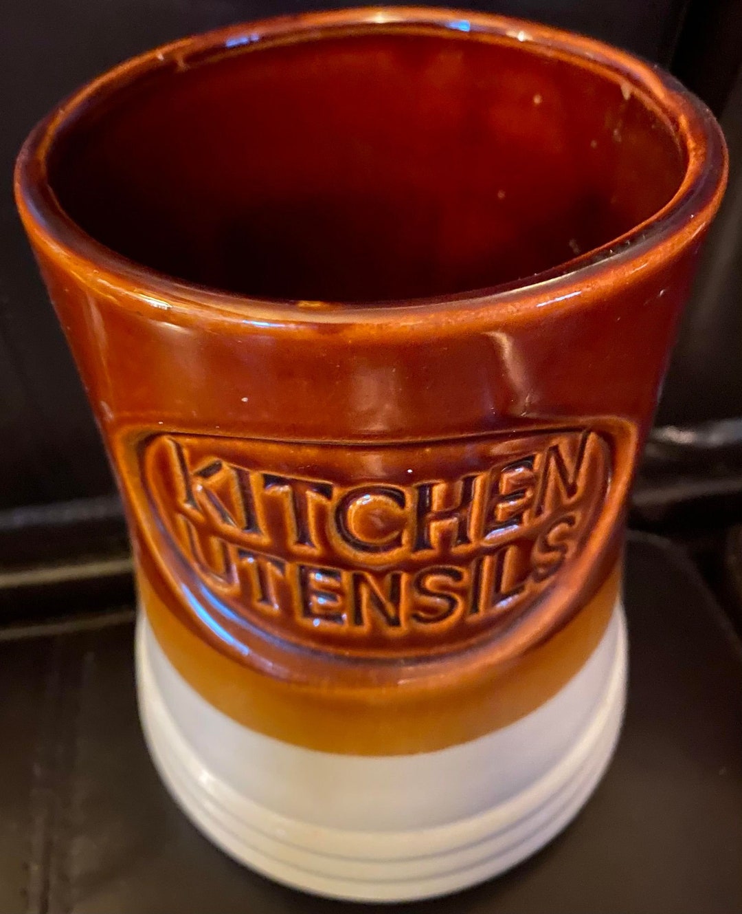 Vintage 70s Retro Stoneware Pottery Kitchen Brown & Tan Utensil Holder ...