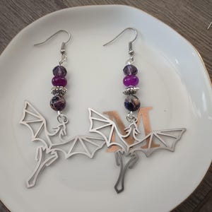 Dragon  Dangle Drop Earrings with Purple Dyed Jade. Gifts For Her.