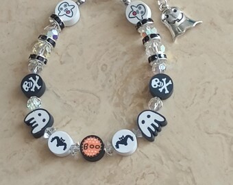 Gothic Jewelry. Halloween Ghost Beaded Charm Bracelet.