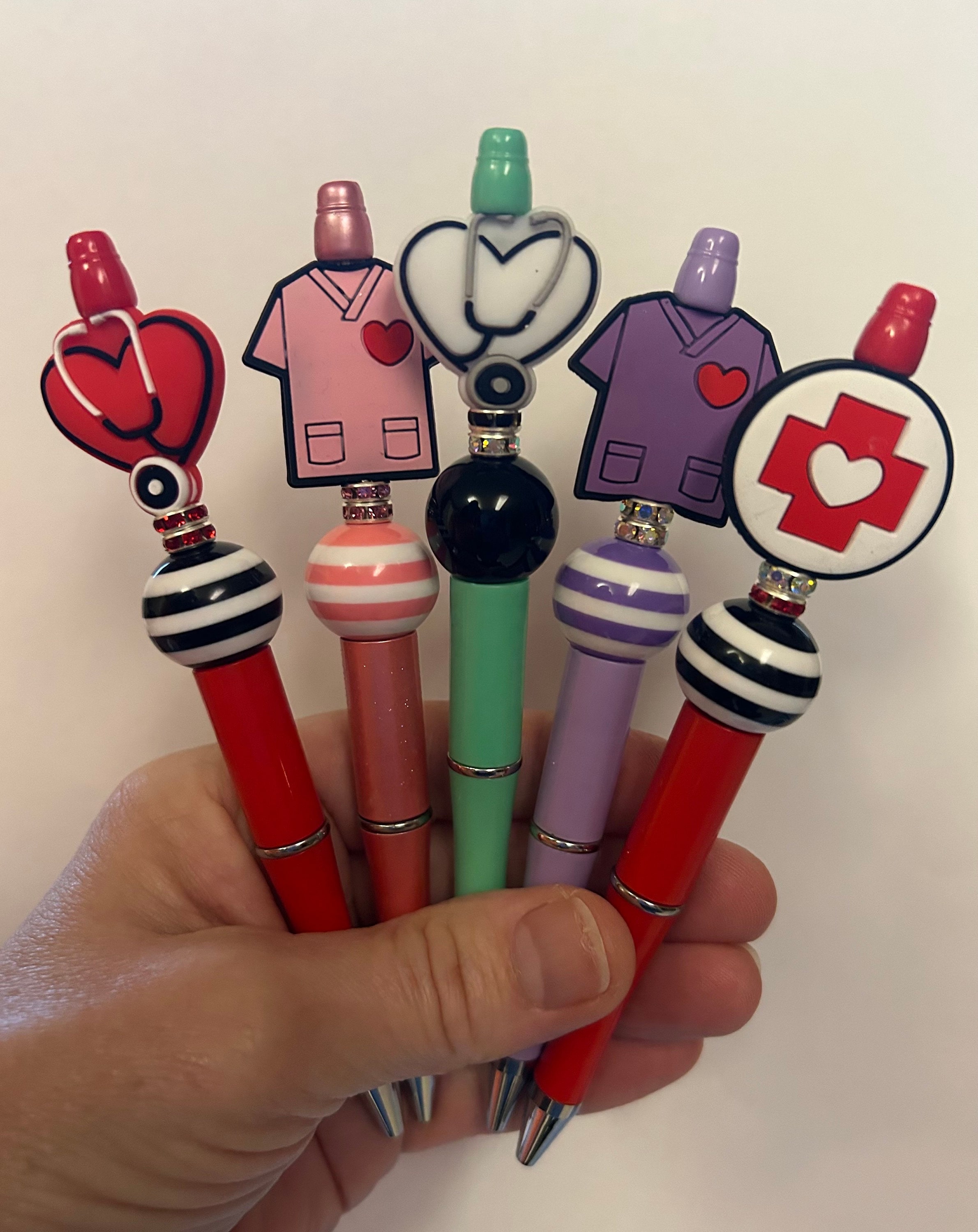 Nurse Pens, Beaded Stethoscope Heart Pens, Beaded Scrubs Pens, Homemade