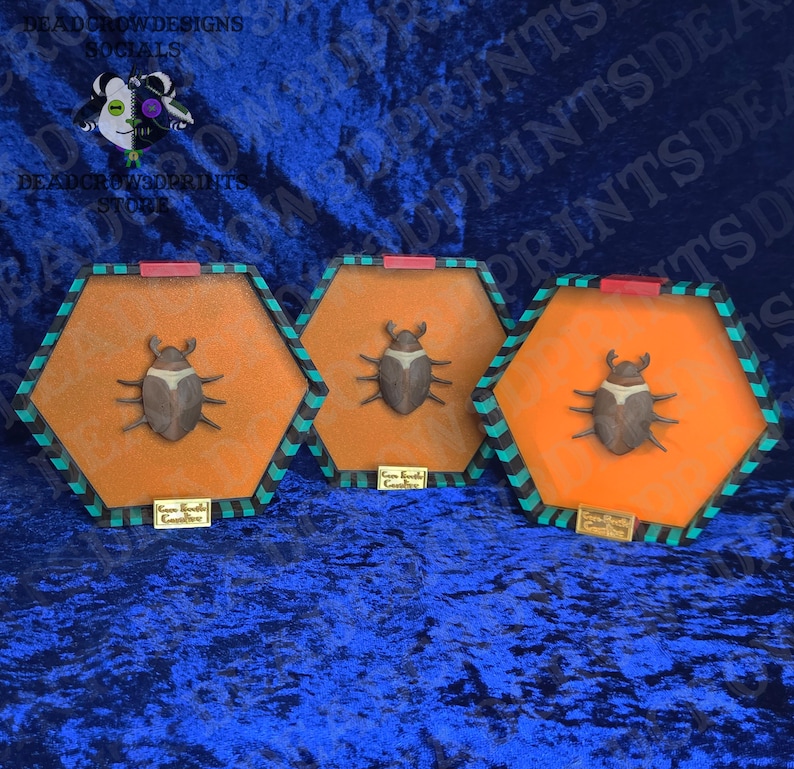 Puede incluir: Tres obras de arte de insectos enmarcadas. Cada pieza presenta un escarabajo marr&oacute;n y blanco sobre un fondo naranja dentro de un marco hexagonal. Los marcos tienen un patr&oacute;n geom&eacute;trico negro, verde azulado y naranja. El fondo es una tela azul oscuro.