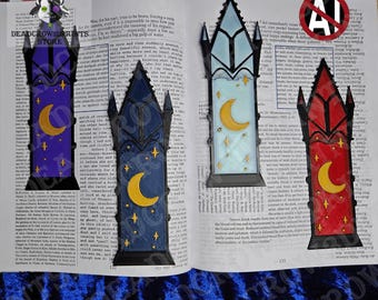 Celestial stained glass bookmark | Gothic Window design | Moon and Stars Book Accessory