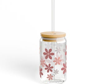 Flower Mason Jar Mug Glass Tumbler Handmade with Lid and Straw, 16oz