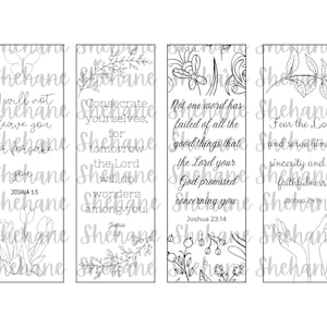 May include: Four black and white printable bookmarks with floral designs and inspirational quotes from the Bible. The quotes are from Joshua 1:5, Joshua 1:5, Joshua 23:14, and Joshua 24:14.