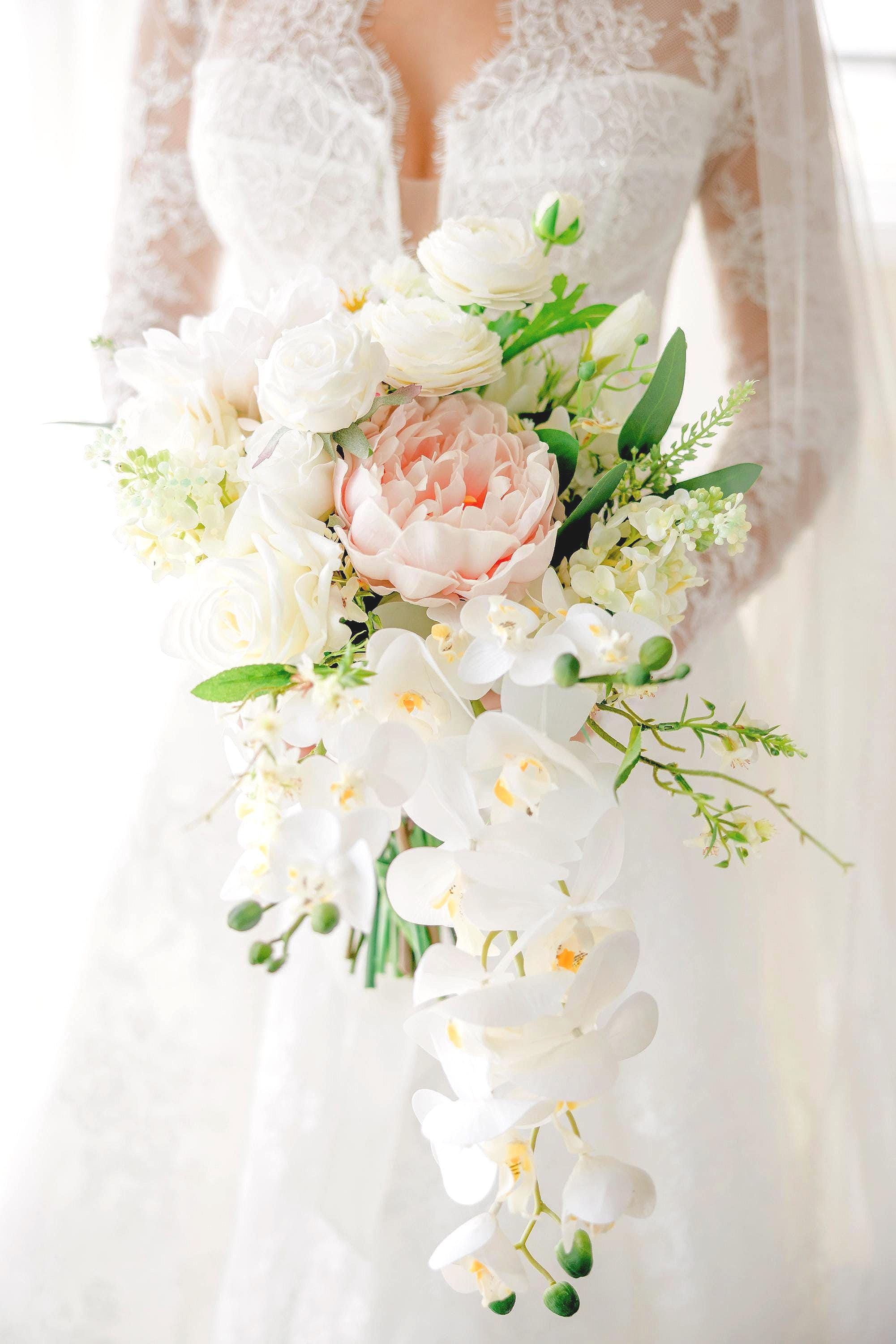 Cascading Bridal Bouquet | White Orchid, Blush Peony & Rose