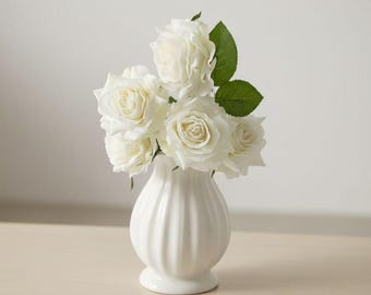 Real Touch White Rose Stems (Set of 6), Artificial Roses for Wedding, DIY Bouquets, Home Decor, Silk Faux Flowers, No Vase