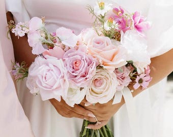 Pink Rose Wedding Bouquet | Real Touch Artificial Flowers | Bridal Bouquet for Bride, Bridesmaids, or Wedding Decor
